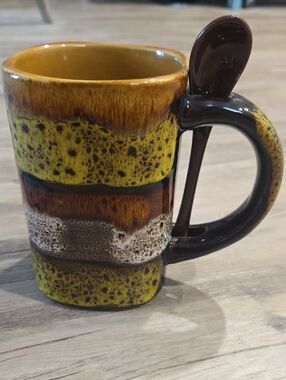 Speckled Yellow & Brown Hand Crafted Ceramic Mug with Spoon - Rustic Glaze